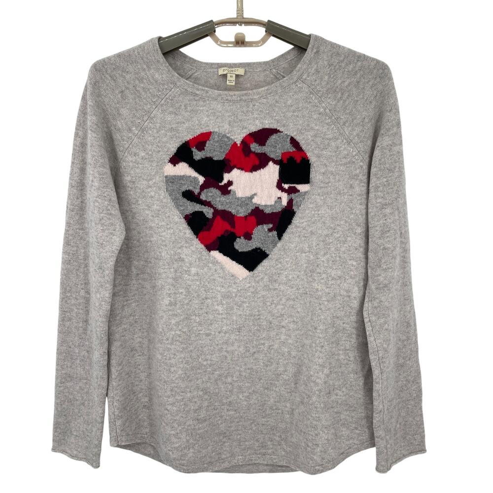 Project Womens 100% Cashmere Sweater Camo Heart Raglan Sleeves Size XS/S NEW